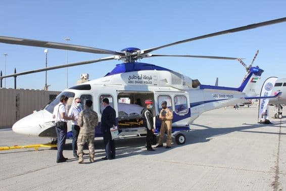 Abu Dhabi Police helicopter at the 2021 Dubai Airshow at Dubai World Central airport.
