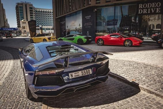 Blue Lamborghini Aventador available for rent in Dubai.