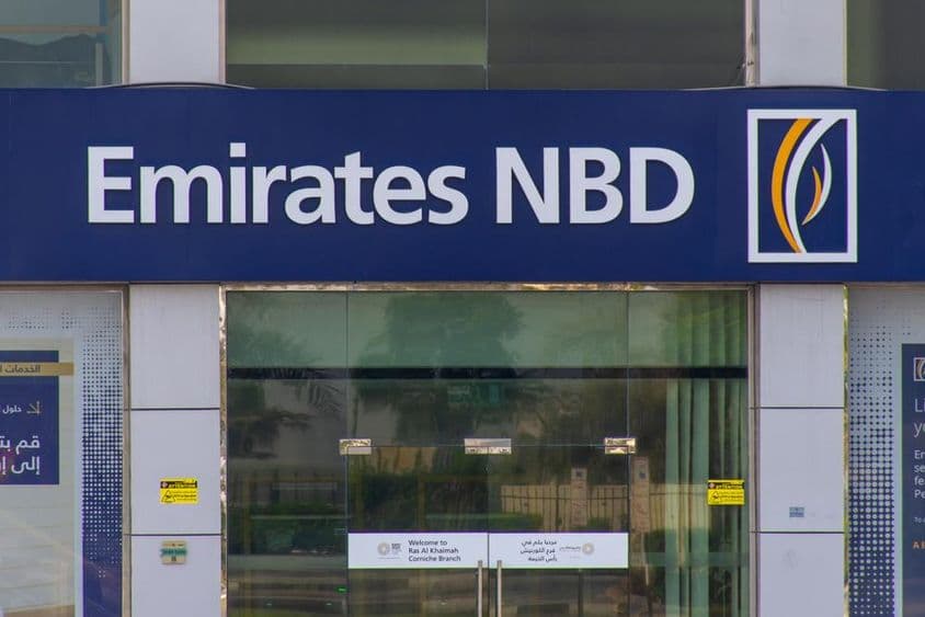 Ras al Khaimah with Emirates NBD Bank sign.