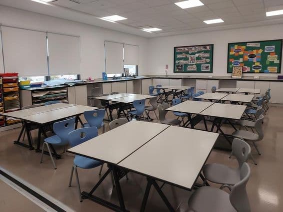 Empty classroom with chairs and desks at the university.