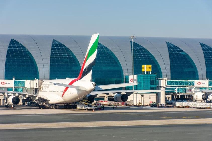 The Emirates Airlines aircraft fleet at Dubai International Airport.