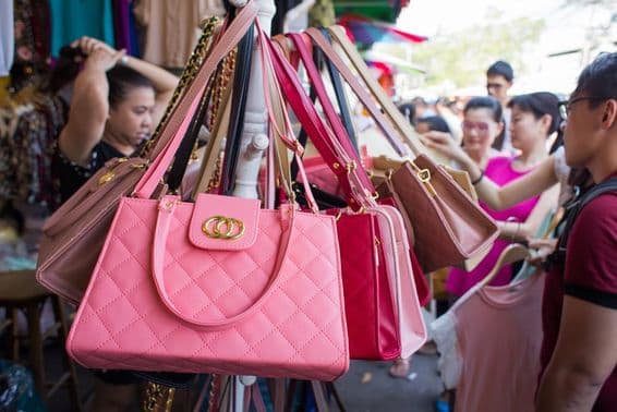 Fake handbags displayed at the Jatujak or Chatuchak market.