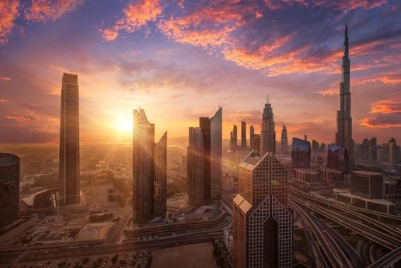 Beautiful sunset in downtown Dubai.