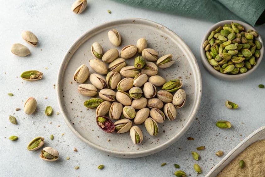 Pistachios on a flat plate, up close.