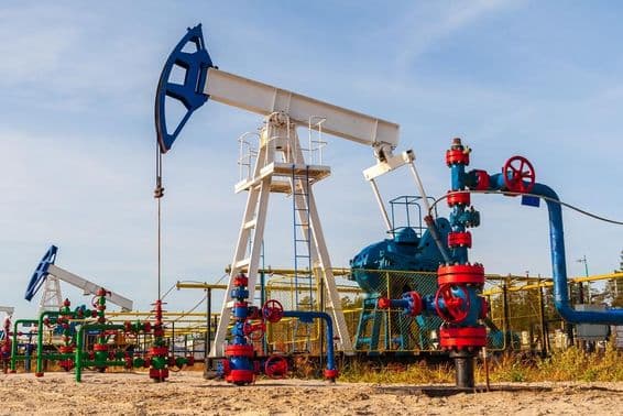 Oil pump in Siberian fields, oil and gas industry in Russia.