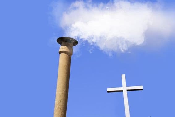 White smoke rises from the chimney on top of the Sistine Chapel (Vatican City).