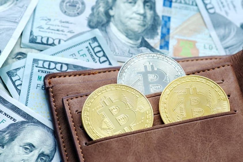 Golden bitcoin with a wallet, below dollar bills.