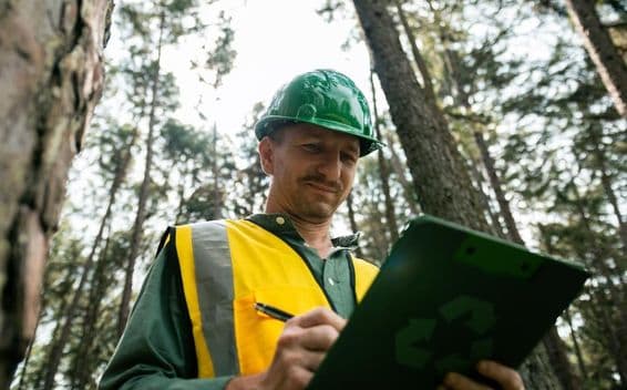 Environmental engineer taking notes in a forest.