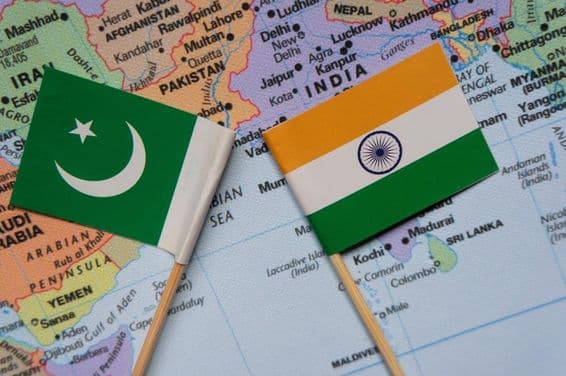 Flags of India and Pakistan on a map of South Asia.