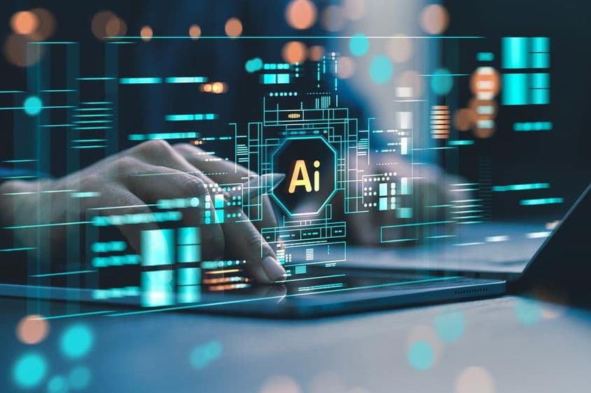 People using laptops to interact with artificial intelligence.