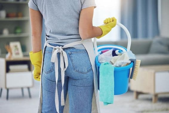 Household help working in a living room.