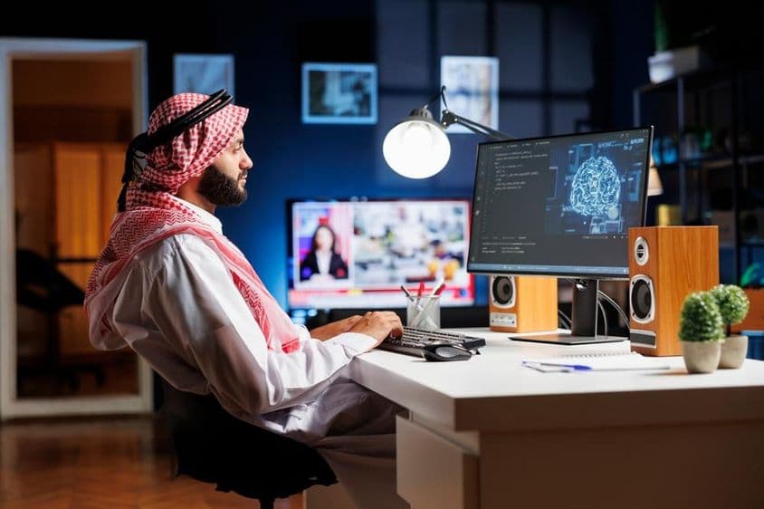 A professional man in Arabic attire working on a futuristic user interface.
