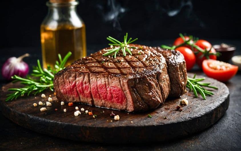 Close-up of seared steak.