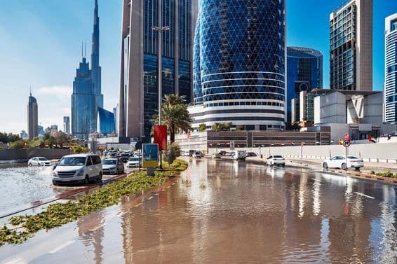 Dubai heavy rain and flooded street.