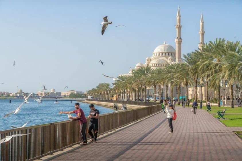 Tourists and locals at the Sharjah Corniche.