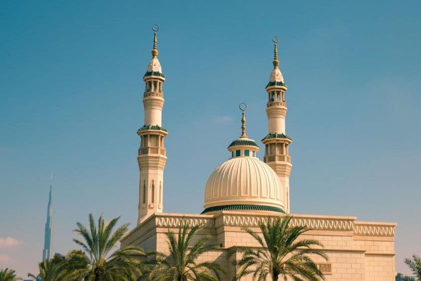 Jumeirah Mosque surrounded by palm trees in sunlight, Dubai.