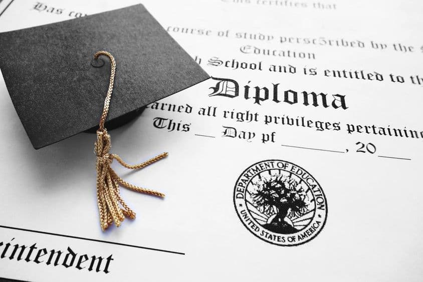 School diploma and mini graduation cap.