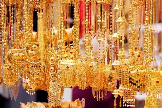 Gold and diamond jewelry displayed in a Dubai store.