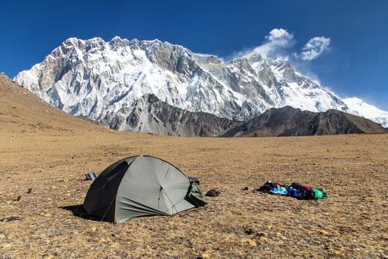 View of Lhotse Mountain and Nuptse's south rock face, en route to Mount Everest base camp.