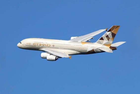 An Etihad Airways Airbus A380 airplane in flight.