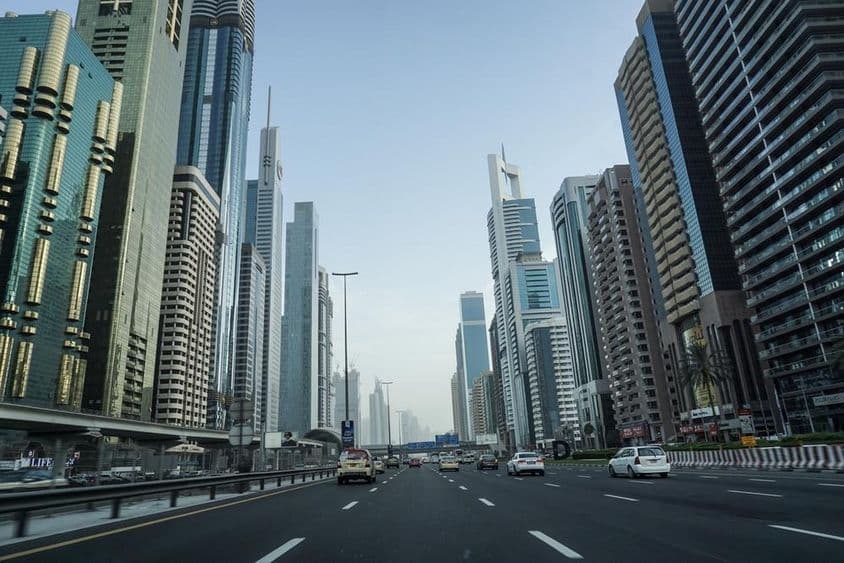 Sheikh Zayed Road Dubai before sunset.