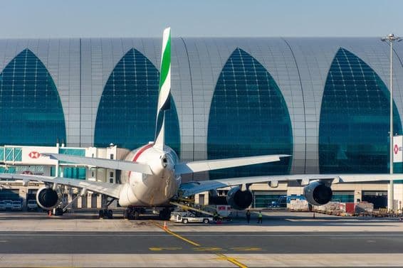 Emirates Airlines aircraft fleet at Dubai International Airport.