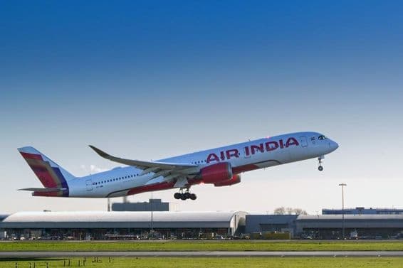An Airbus A350 operated by Air India taking off from London Heathrow Airport.