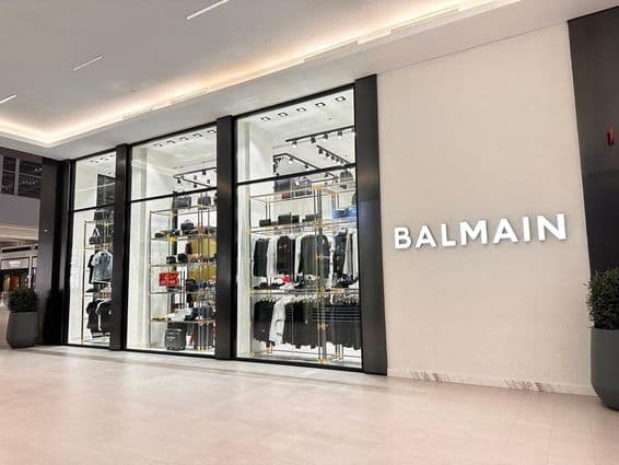 The Balmain luxury clothing collection brand at the Dubai Mall shopping center.