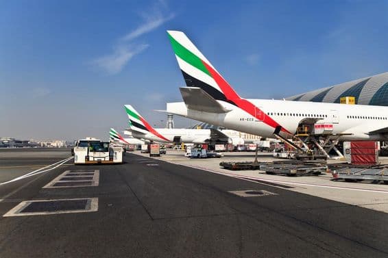 Emirates planes at Dubai airport.