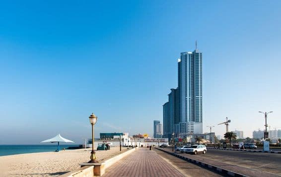 The beautiful coastline of Ajman Corniche Beach.