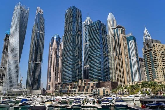 Beautiful view of the Marina Dubai skyscrapers.