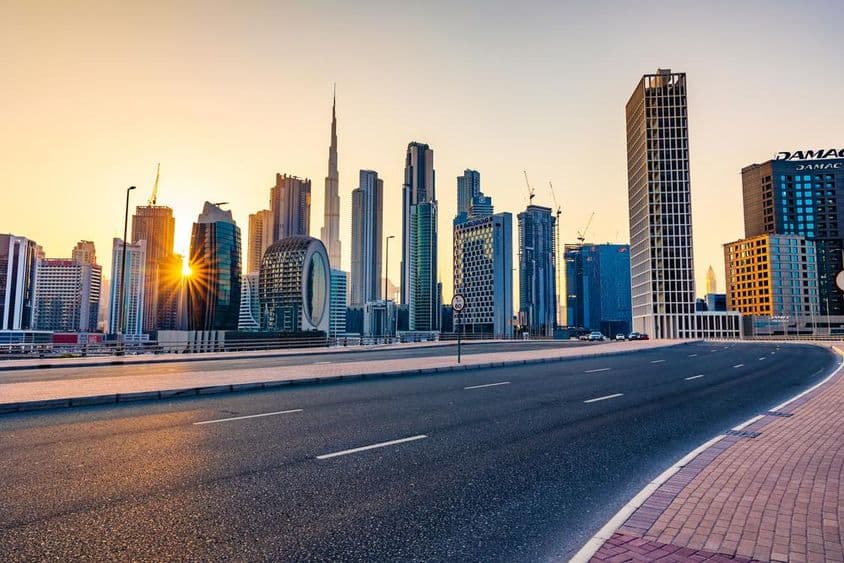 View of Dubai skyscrapers from Marasi Drive in the Business Bay district.