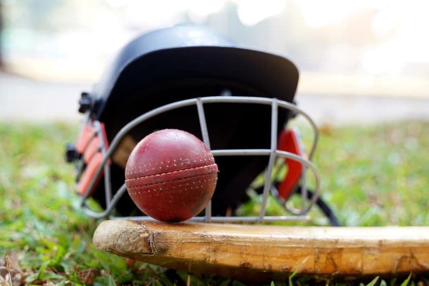 Cricket equipment, cricket ball, cricket bat, and cricket helmet.