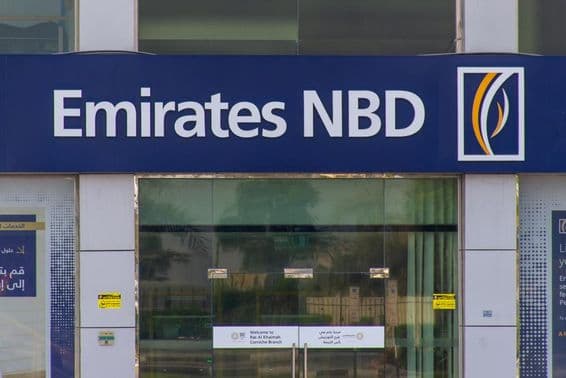 Emirates NBD Bank PJSC blue storefront logo in Dubai.