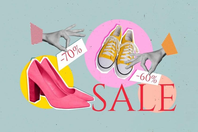 Sale advertisement with pink high heels and yellow converse shoes.