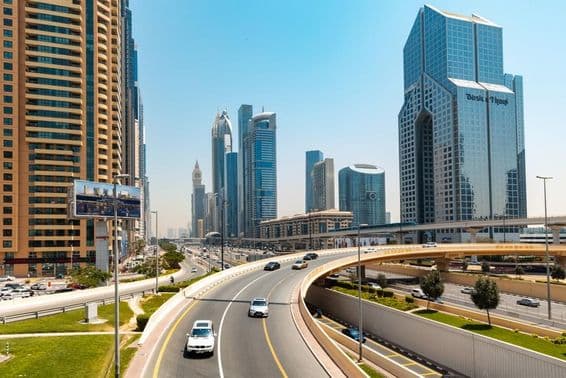 View of Sheikh Zayed Road with skyscrapers.