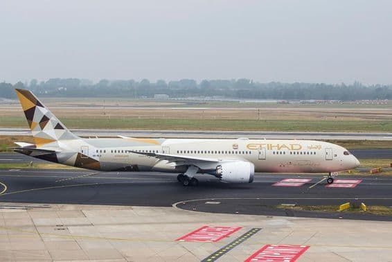 An Etihad Airways Boeing 787-9 Dreamliner (A6-BLX) before departure.