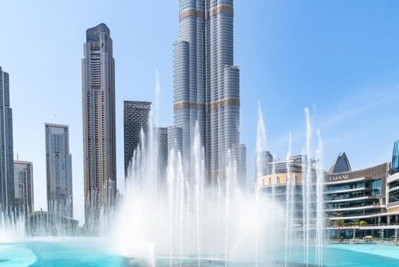 View of Dubai Fountain and the big skyscraper, Burj Khalifa.