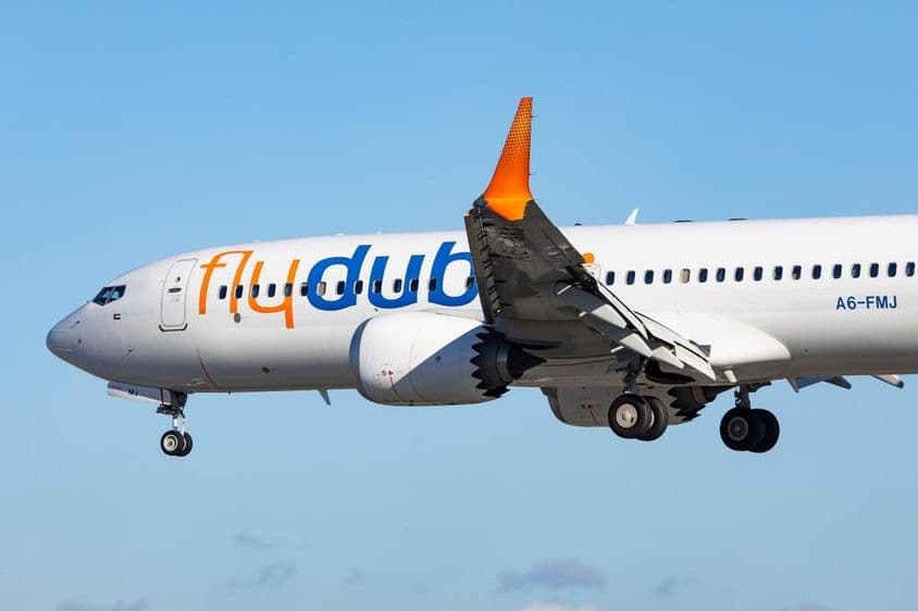 FlyDubai airline Boeing 737-8max aircraft in landing configuration.
