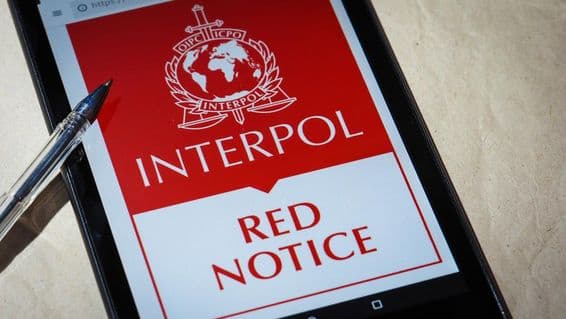 The Interpol Red Notice displayed on a mobile phone screen.