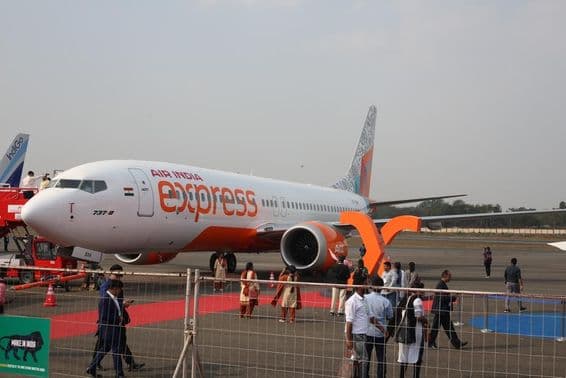 AirIndia Express airplane displayed at the Wings India exhibition.