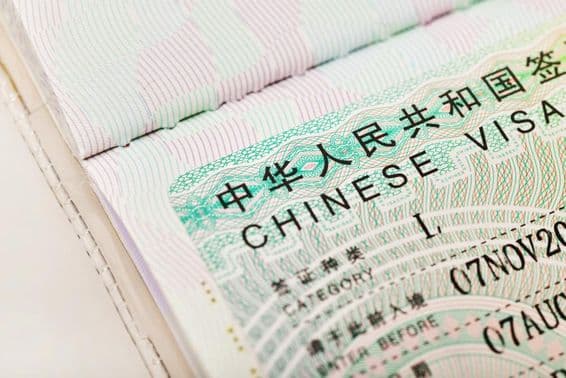 Chinese visa in a passport.
