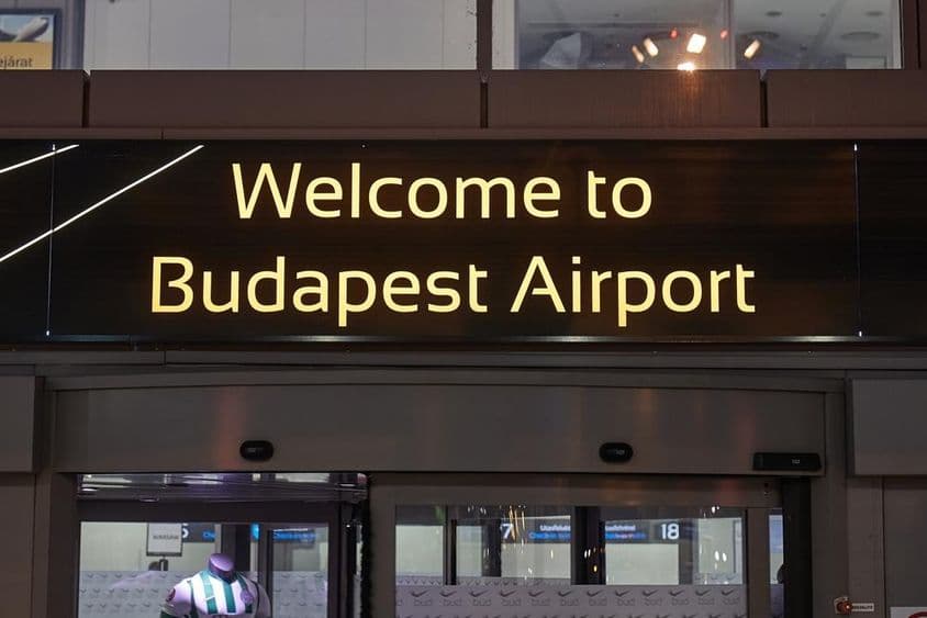 Welcome sign at Budapest Ferenc Liszt International Airport in Hungary.