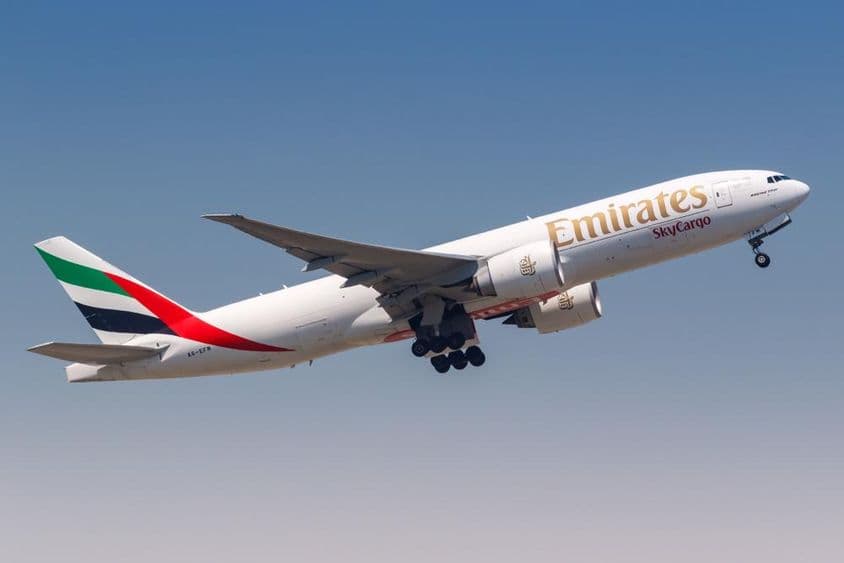 Emirates SkyCargo Boeing 777-F aircraft at Hong Kong Airport (HKG), China.