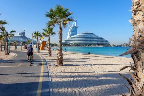 View of Burj Al Arab along a palm-lined bike path at Kite Beach Dubai.