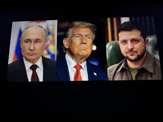 President Donald Trump, Volodymyr Zelensky, and Vladimir Putin standing together.