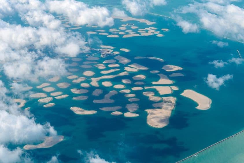 Aerial view of The World Islands archipelago in Dubai.
