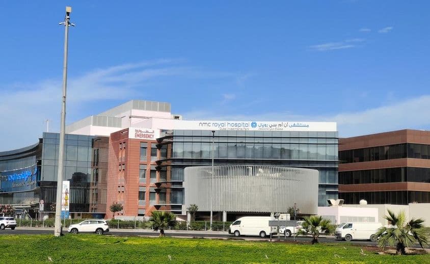 Exterior facade of NMC Royal Hospital.