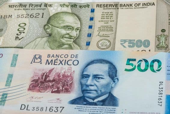 500 Indian rupee and 500 Mexican peso bills.