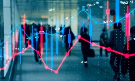 Financial graph, people walking.